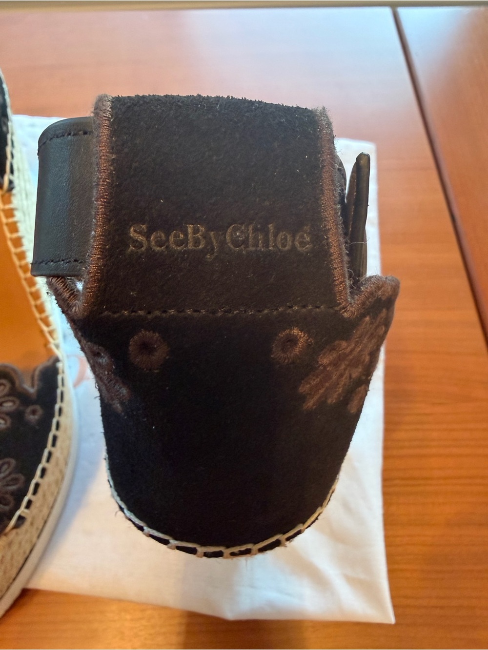 See By Chloe Black Floral Lace Espadrille Wedge Sandals - Picture 7 of 8